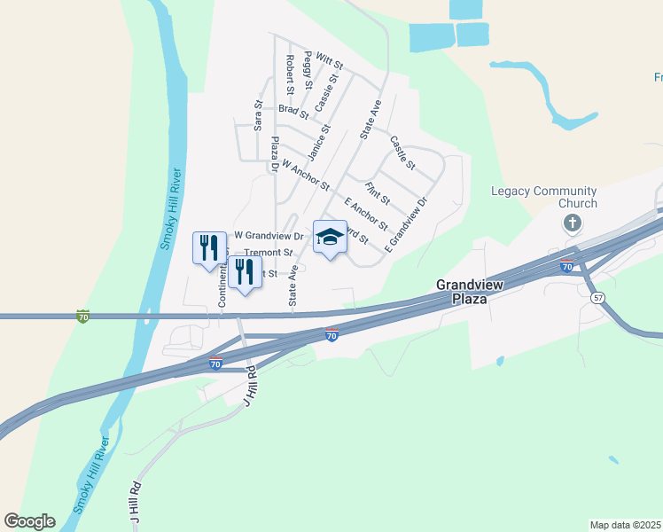map of restaurants, bars, coffee shops, grocery stores, and more near 109 East Grandview Drive in Junction City