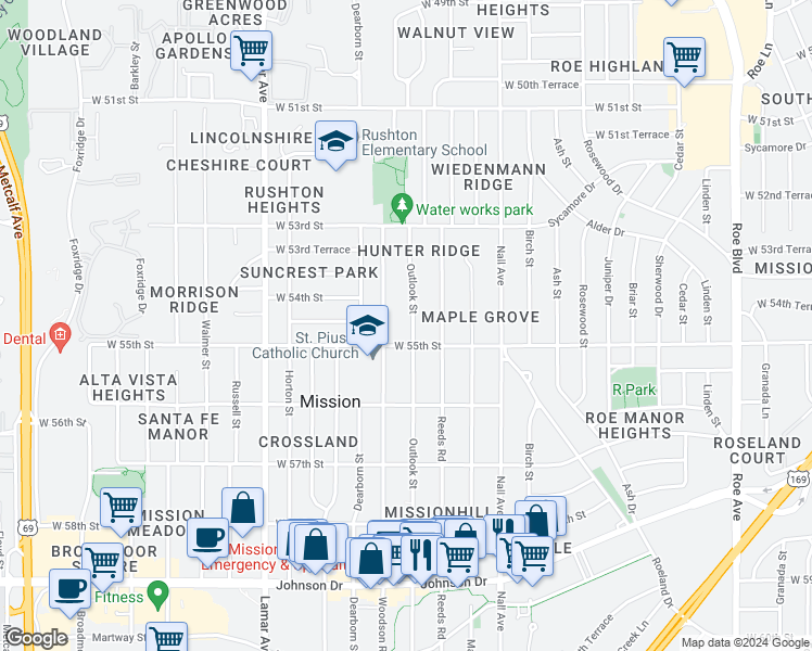 map of restaurants, bars, coffee shops, grocery stores, and more near 5436 Outlook Street in Mission