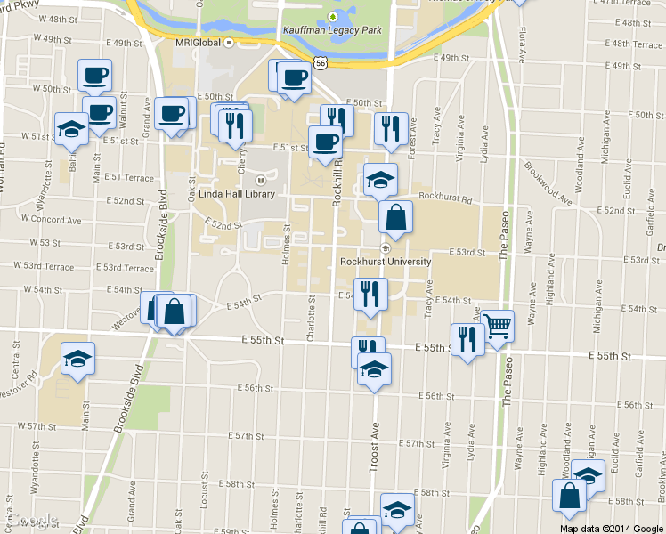 map of restaurants, bars, coffee shops, grocery stores, and more near 5326 Rockhill Road in Kansas City
