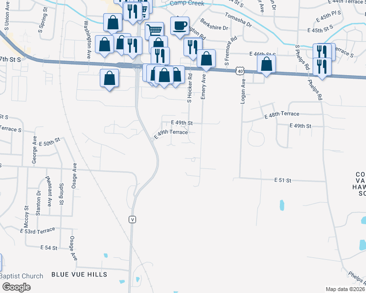 map of restaurants, bars, coffee shops, grocery stores, and more near 14307 East 50 Court in Kansas City