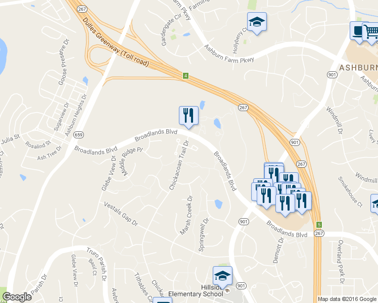 map of restaurants, bars, coffee shops, grocery stores, and more near 42919 Sundance Square in Broadlands