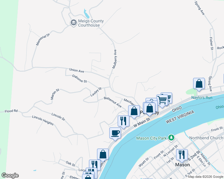 map of restaurants, bars, coffee shops, grocery stores, and more near 174-186 Mulberry Avenue in Pomeroy