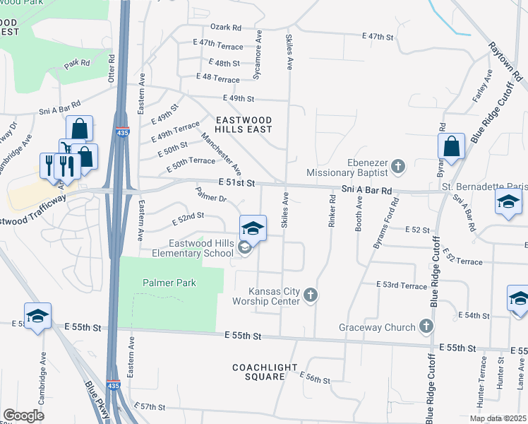 map of restaurants, bars, coffee shops, grocery stores, and more near 5137 Sycamore Avenue in Kansas City