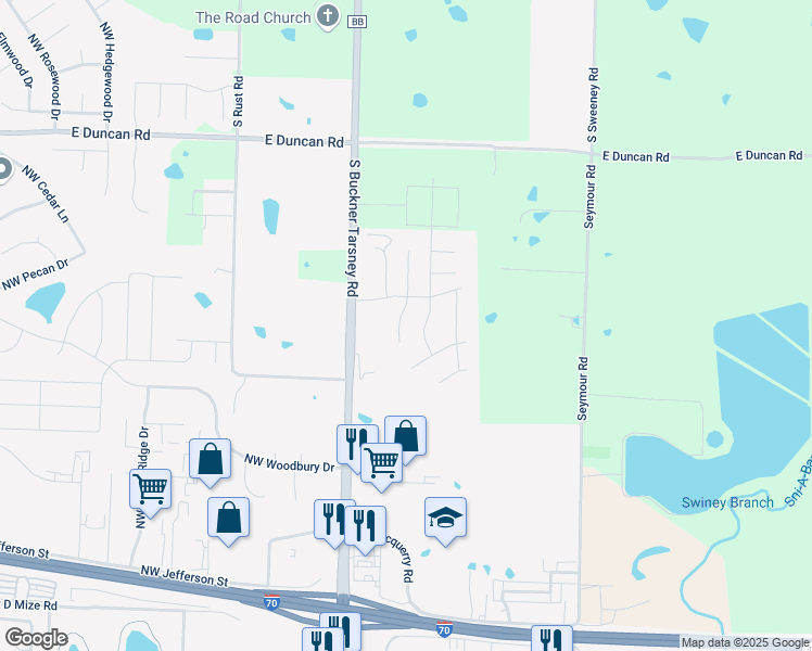map of restaurants, bars, coffee shops, grocery stores, and more near 1417 Northeast Mary Court in Grain Valley