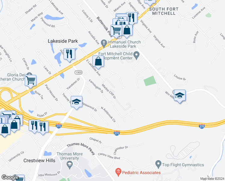 map of restaurants, bars, coffee shops, grocery stores, and more near Blue Stone Court in Lakeside Park