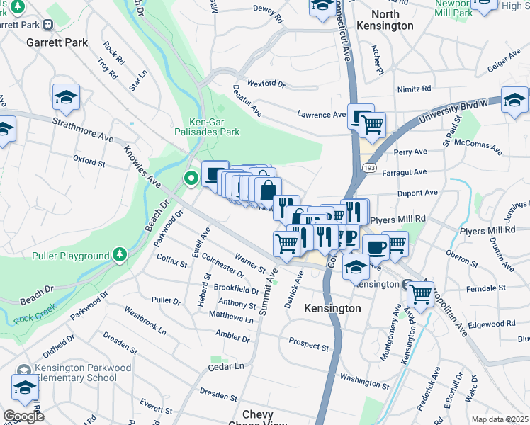 map of restaurants, bars, coffee shops, grocery stores, and more near 4088a Howard Avenue in Kensington