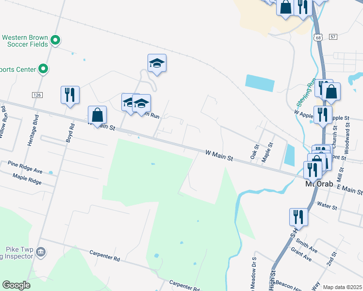 map of restaurants, bars, coffee shops, grocery stores, and more near 1 Hyde Park Drive in Mount Orab