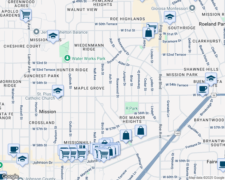 map of restaurants, bars, coffee shops, grocery stores, and more near 5440 Ash Street in Roeland Park