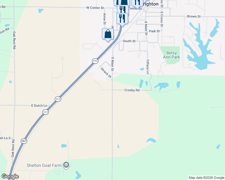 map of restaurants, bars, coffee shops, grocery stores, and more near County Road 2500 East in Brighton