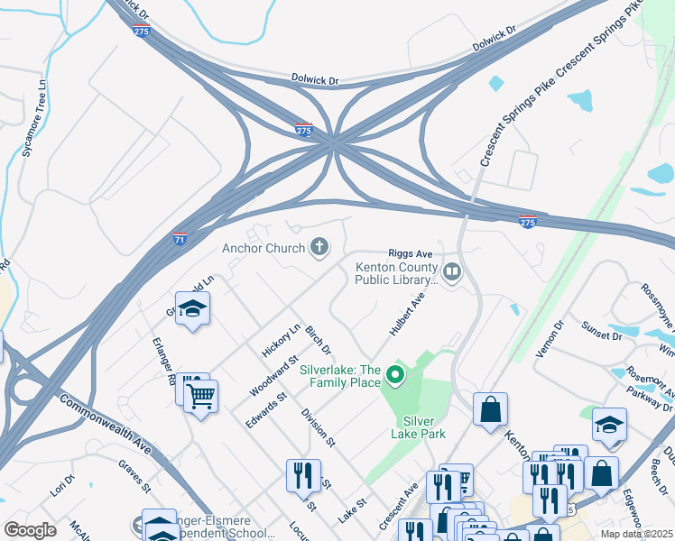 map of restaurants, bars, coffee shops, grocery stores, and more near 3127 Riggs Road in Erlanger