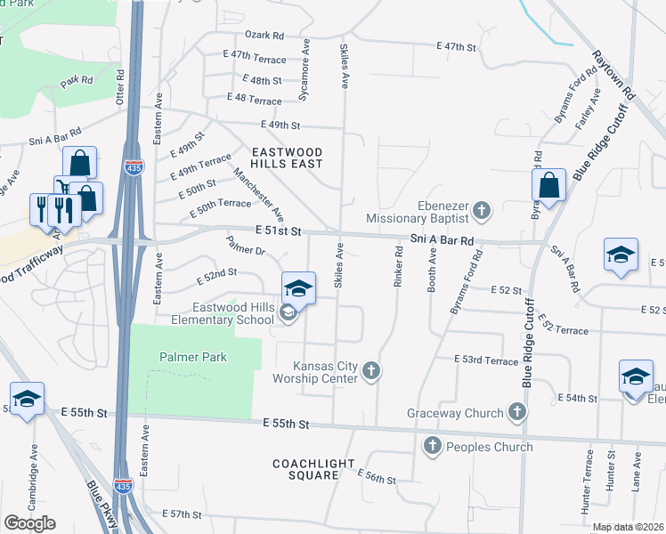 map of restaurants, bars, coffee shops, grocery stores, and more near 5140 Skiles Avenue in Kansas City