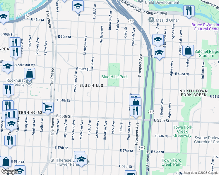 map of restaurants, bars, coffee shops, grocery stores, and more near 5306 Brooklyn Avenue in Kansas City