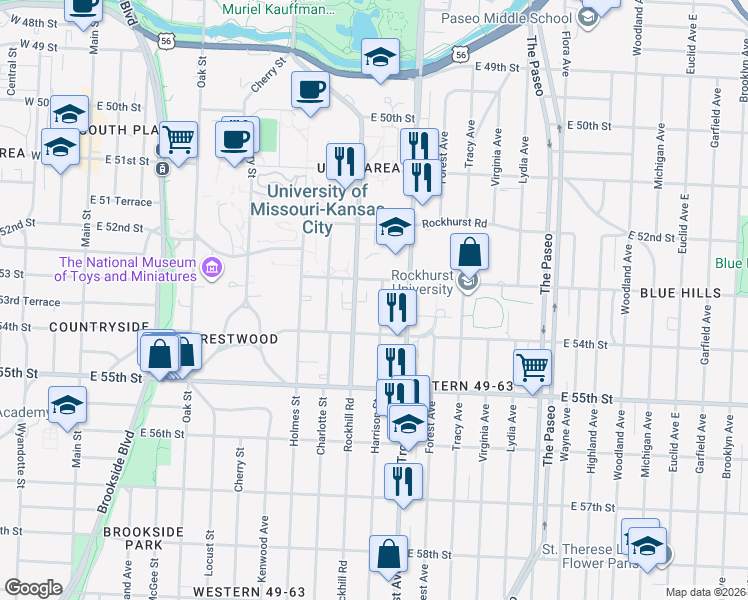 map of restaurants, bars, coffee shops, grocery stores, and more near 5322 Harrison Street in Kansas City
