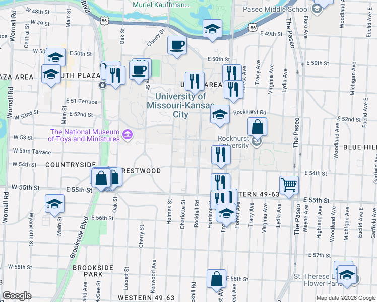 map of restaurants, bars, coffee shops, grocery stores, and more near 5326 Rockhill Road in Kansas City