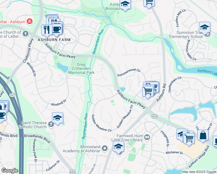 map of restaurants, bars, coffee shops, grocery stores, and more near 21201 Tiger Lily Pl in Ashburn