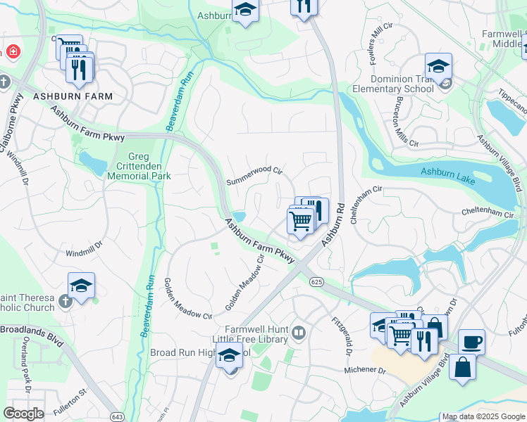 map of restaurants, bars, coffee shops, grocery stores, and more near 21146 Hedgerow Terrace in Ashburn
