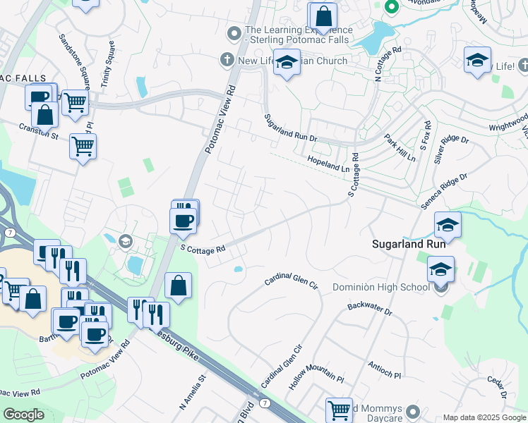 map of restaurants, bars, coffee shops, grocery stores, and more near 46685 Crystal Court in Sterling