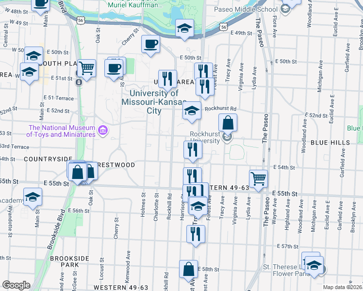 map of restaurants, bars, coffee shops, grocery stores, and more near 5322 Harrison Street in Kansas City