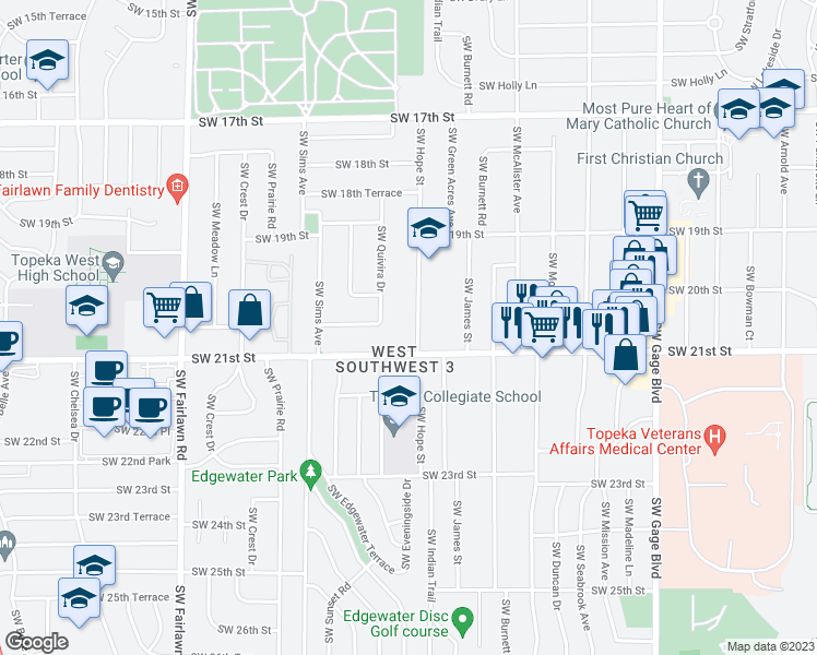 map of restaurants, bars, coffee shops, grocery stores, and more near 2045 Southwest Hope Street in Topeka