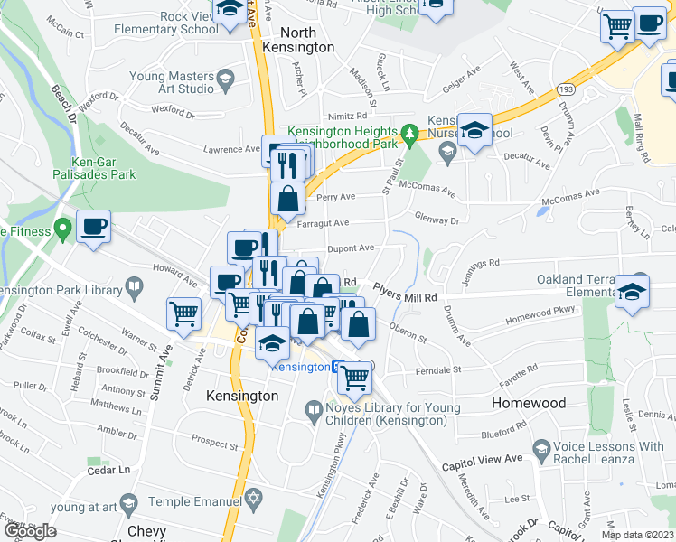 map of restaurants, bars, coffee shops, grocery stores, and more near 3519 Plyers Mill Court in Kensington