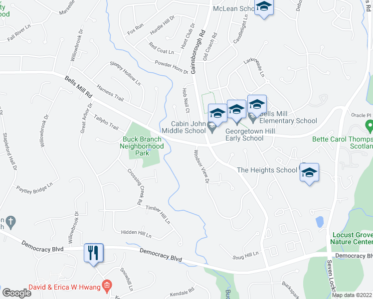 map of restaurants, bars, coffee shops, grocery stores, and more near 8610 Bells Mill Road in Rockville