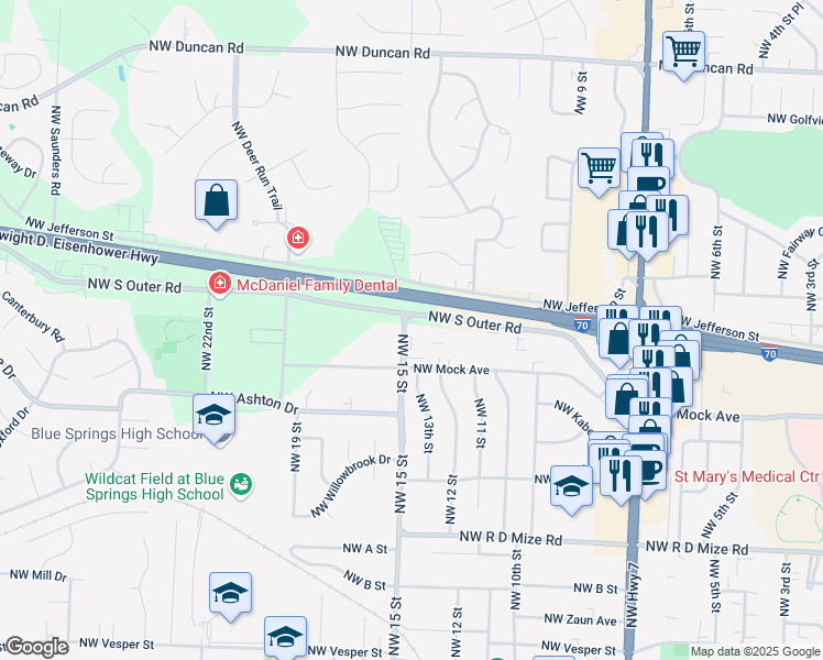 map of restaurants, bars, coffee shops, grocery stores, and more near 1400 Northwest South Outer Road in Blue Springs