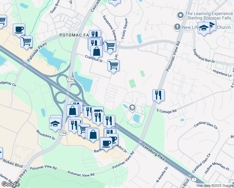 map of restaurants, bars, coffee shops, grocery stores, and more near 21164 Domain Terrace in Sterling