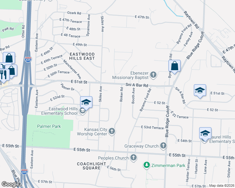 map of restaurants, bars, coffee shops, grocery stores, and more near 5116 Rinker Road in Kansas City