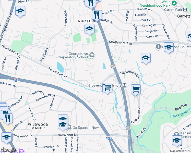 map of restaurants, bars, coffee shops, grocery stores, and more near 5405 Tuckerman Lane in Rockville