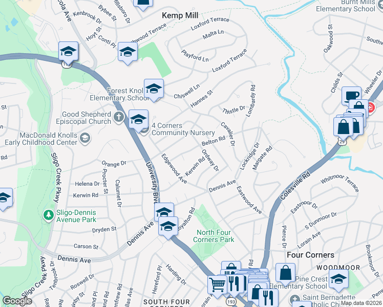 map of restaurants, bars, coffee shops, grocery stores, and more near 408 Belton Road in Silver Spring