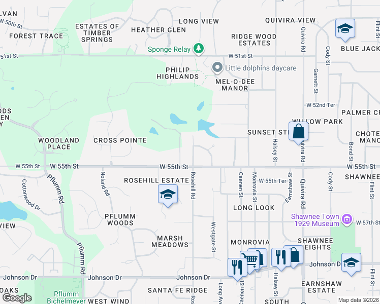 map of restaurants, bars, coffee shops, grocery stores, and more near 12718 West 55th Street in Shawnee