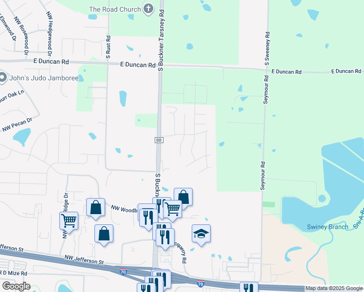 map of restaurants, bars, coffee shops, grocery stores, and more near 1419 Northeast Mary Court in Grain Valley