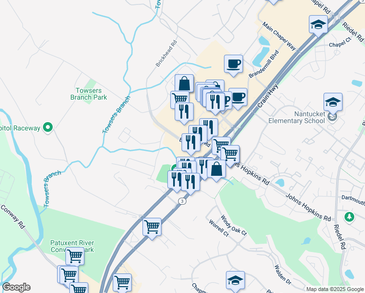 map of restaurants, bars, coffee shops, grocery stores, and more near 2647 Smooth Alder Street in Odenton