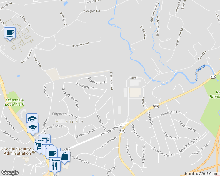 map of restaurants, bars, coffee shops, grocery stores, and more near 10619 Kinloch Road in Silver Spring