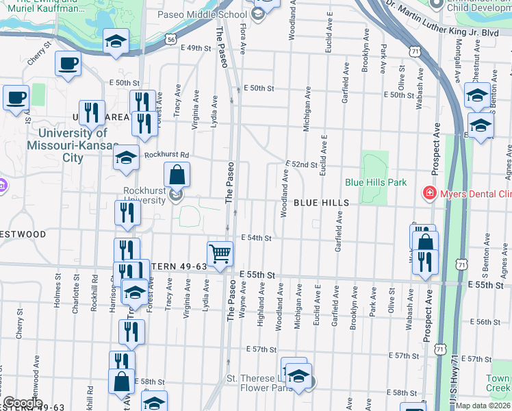 map of restaurants, bars, coffee shops, grocery stores, and more near 5315 Wayne Avenue in Kansas City