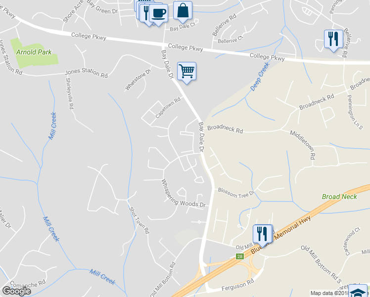 map of restaurants, bars, coffee shops, grocery stores, and more near 340 Wood View Court in Annapolis