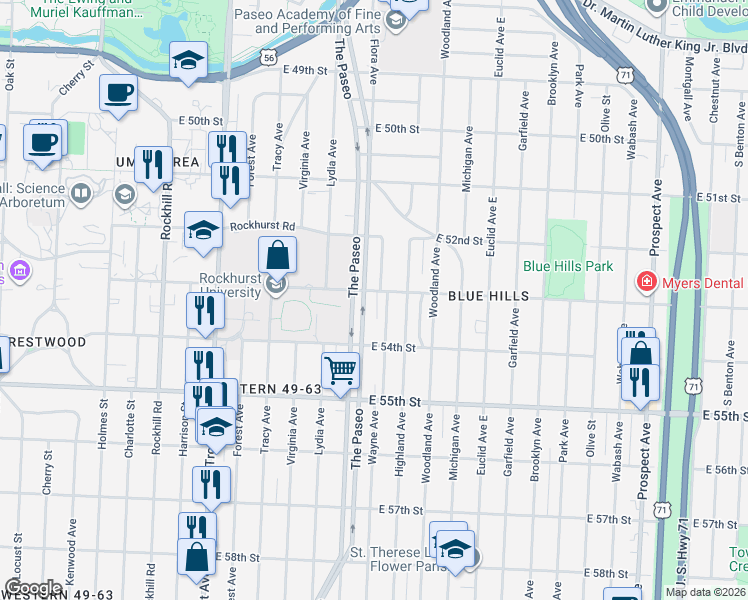 map of restaurants, bars, coffee shops, grocery stores, and more near 5316 The Paseo in Kansas City