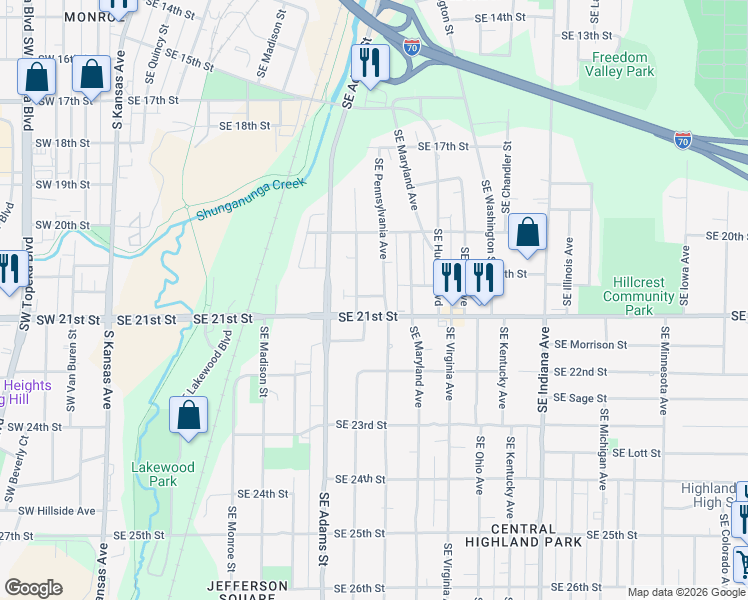 map of restaurants, bars, coffee shops, grocery stores, and more near 2024 Southeast Massachusetts Avenue in Topeka