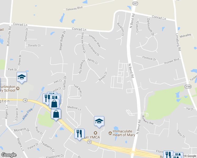 map of restaurants, bars, coffee shops, grocery stores, and more near 5583 Strike the Gold Drive in Burlington