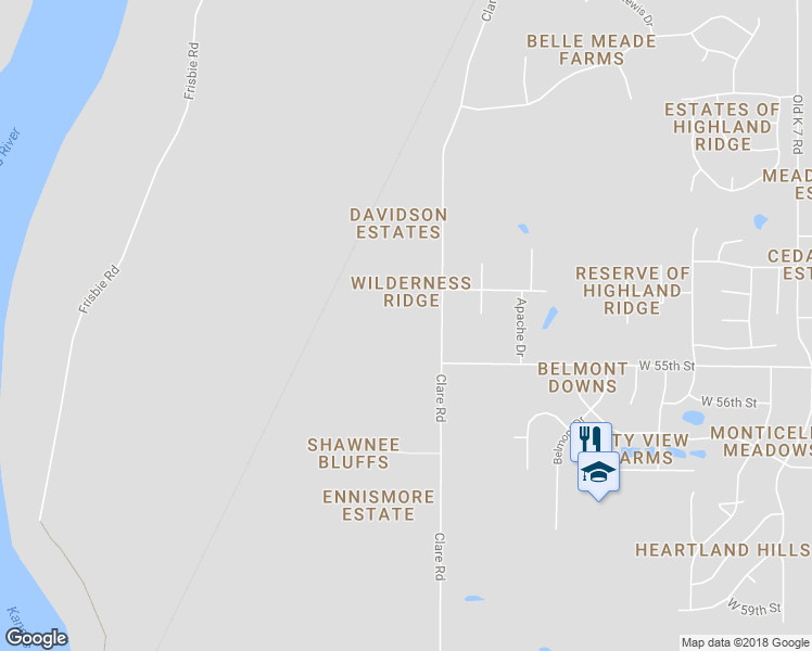 map of restaurants, bars, coffee shops, grocery stores, and more near 5400 Clare Road in Shawnee