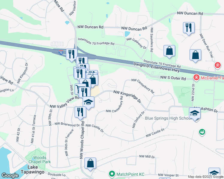 map of restaurants, bars, coffee shops, grocery stores, and more near 922 Candletree Drive in Blue Springs