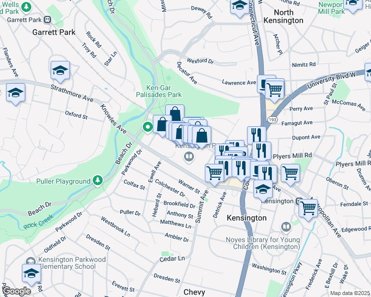 map of restaurants, bars, coffee shops, grocery stores, and more near 4124F Howard Avenue in Kensington