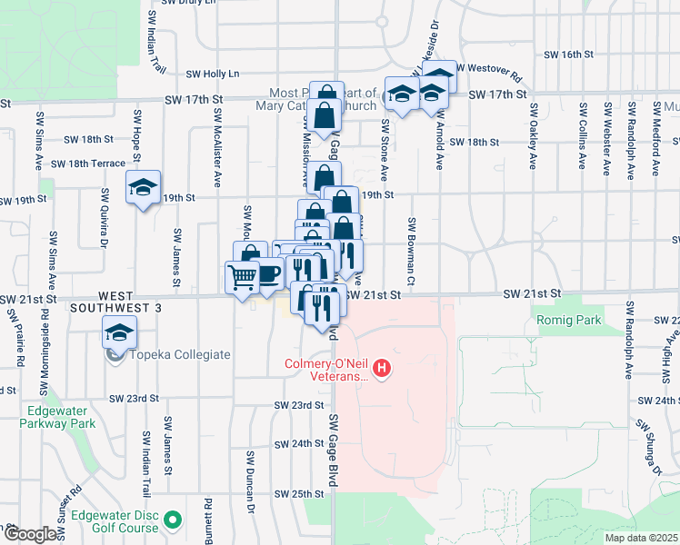 map of restaurants, bars, coffee shops, grocery stores, and more near 2028 Southwest Gage Boulevard in Topeka