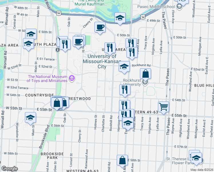 map of restaurants, bars, coffee shops, grocery stores, and more near 5326 Rockhill Road in Kansas City