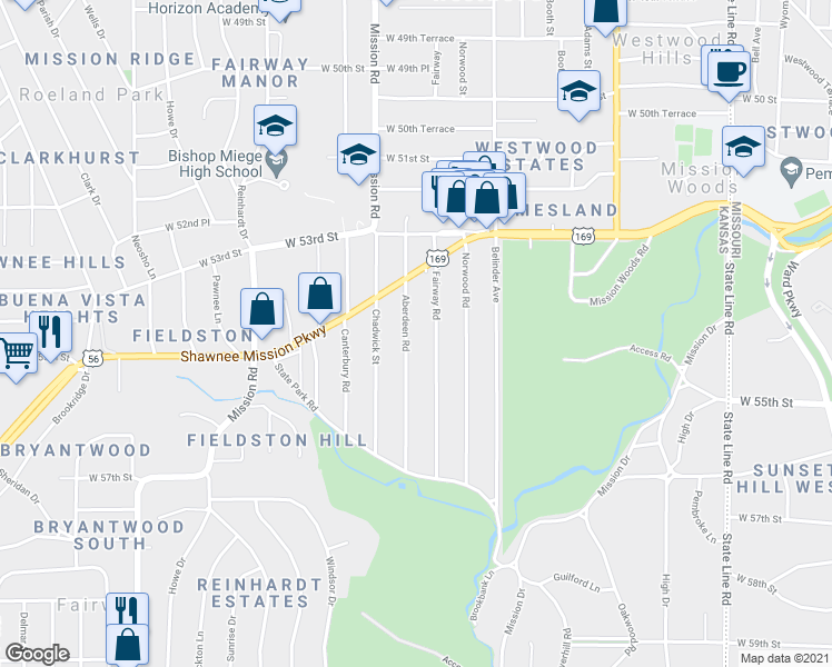 map of restaurants, bars, coffee shops, grocery stores, and more near 5435 Aberdeen Road in Fairway