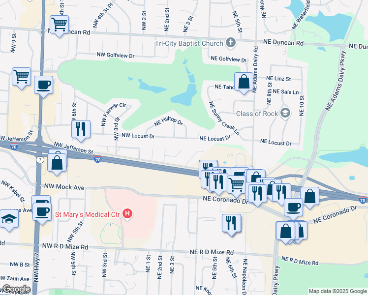 map of restaurants, bars, coffee shops, grocery stores, and more near 401 Northeast Highland Lane in Blue Springs