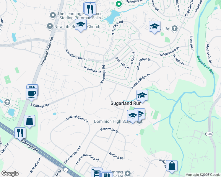 map of restaurants, bars, coffee shops, grocery stores, and more near Loblolly Court in Sterling