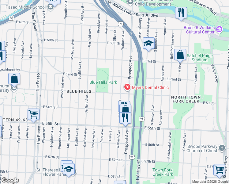 map of restaurants, bars, coffee shops, grocery stores, and more near 5305 Olive Street in Kansas City