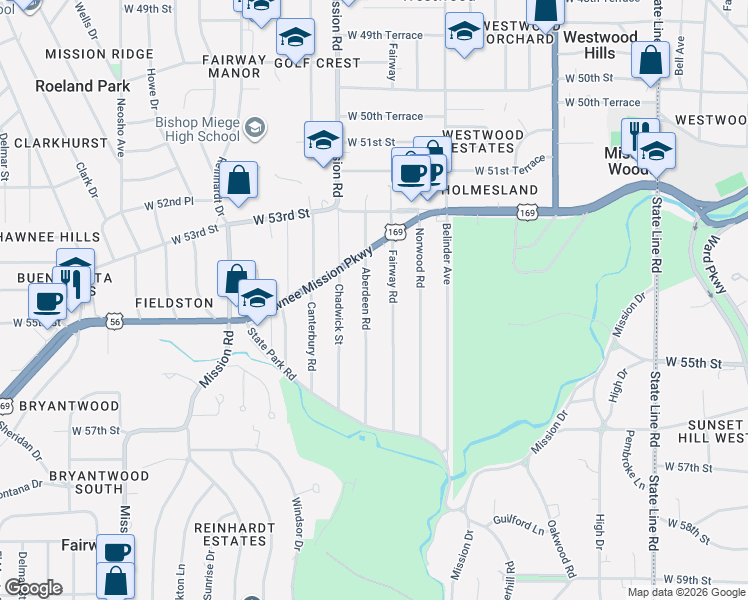 map of restaurants, bars, coffee shops, grocery stores, and more near 5444 Aberdeen Street in Fairway