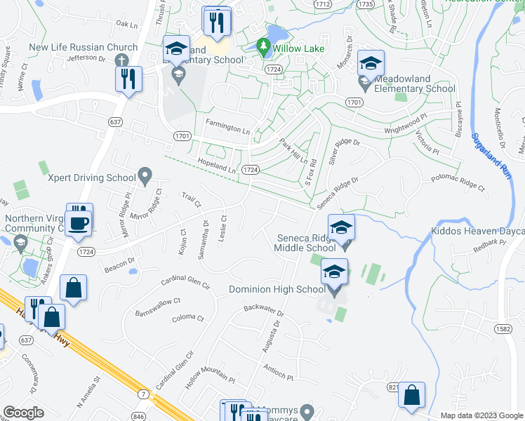 map of restaurants, bars, coffee shops, grocery stores, and more near 46865 Loblolly Court in Sterling